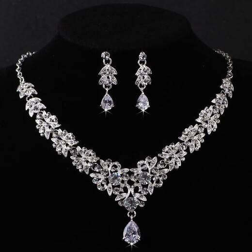 Fujiu 2024 new high-end atmospheric bridal set chain water drop rhinestone necklace earrings wedding dress necklace wedding necklace Korean style F necklace + earring needle style (with pierced ears)