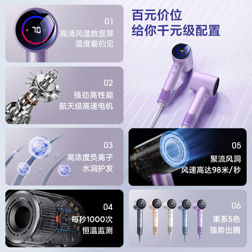 KONKA hair dryer, high-speed bladeless household silent negative ion hair dryer, high-power, non-harmful to hair, special hair care, quick-drying, silent hair dryer for student dormitories, practical Valentine's Day gift, high-speed hair dryer - purple, 3-speed digital display screen + 600 million negative ions + air collecting nozzle
