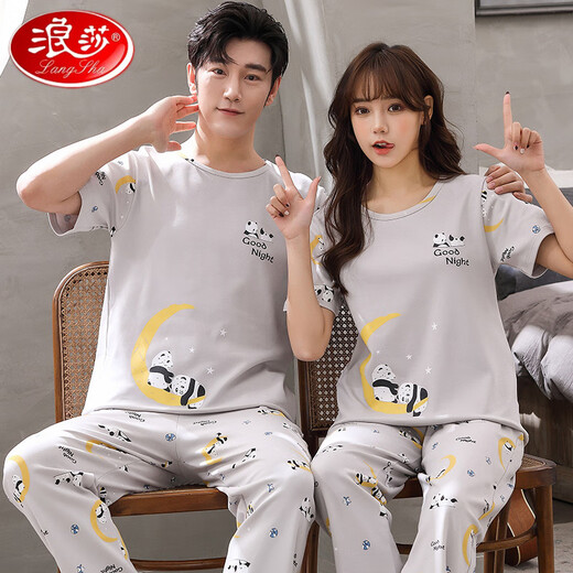 LangSha (LangSha) high-end couple pajamas short-sleeved trousers pure cotton men's youth home clothes for girls Korean version cartoon large-size loose suit white short-sleeved trousers-Q3519 White Chinchilla XL women [120-130Jin [Jin equals 0.5 kg]]