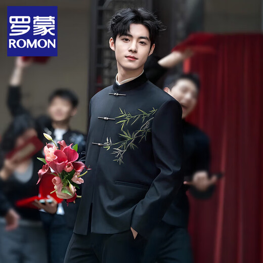 ROMON New Chinese Suit Embroidered Mao Suit Men's Groom Wedding Suit Engagement New Tang Suit Chinese Style Suit Black Suit + Pants XL