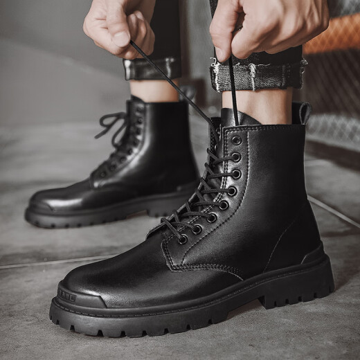 Jingmai [Cowhide] Martin Boots Zapatos de cuero alto de los hombres Ropa de trabajo de estilo mediano British Motorcycle Negro y otoño Autumable Atendy Trendy Lace-Up [Spring and Summer Style] 43 Código estándar