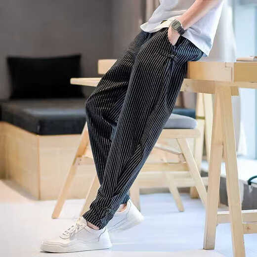 Kurashi Ichiki Kazuki Kuraishi Trendy Marke Leichte Luxus gestreifte Leinenhosen Männer 2024 Sommer Dünn Ice Seide Cropped Hosen lässige Harem Hosen Hosen Herrenkleidung grau xl