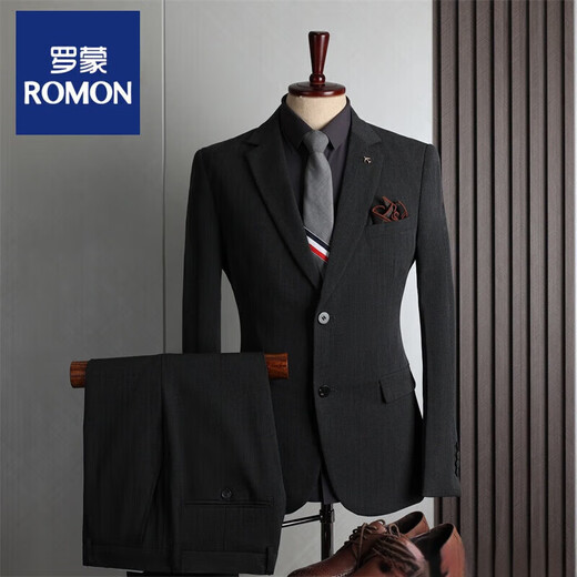 ROMON large size suit men's four seasons casual business formal fashion slim wedding groomsmen dress suit men's medium gray double button (suit + trousers) 52 (125-135Jin Jin equals 0.5 kg) XL