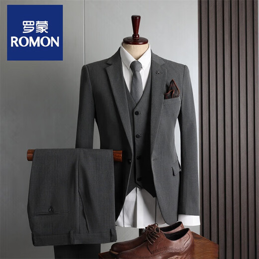 ROMON large size suit men's four seasons casual business formal fashion slim wedding groomsmen dress suit men's medium gray double button (suit + trousers) 52 (125-135Jin Jin equals 0.5 kg) XL