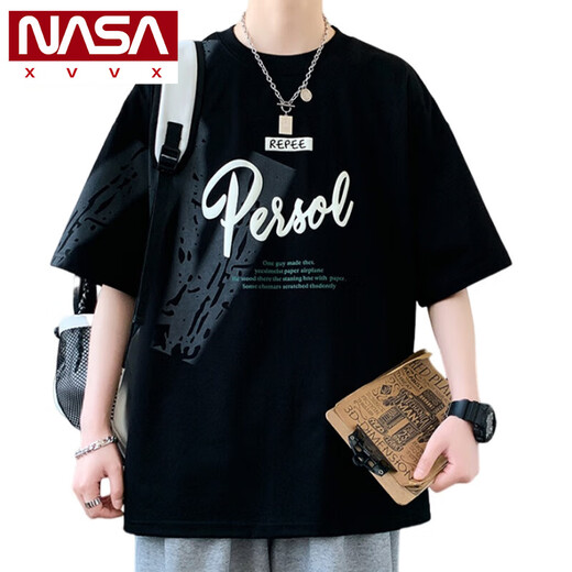 
NASA XVVX short-sleeved men's summer loose trendy brand letter printed round neck top half-sleeved T-shirt American casual men's T-shirt 693 black L about 100-120 Jin [Jin equals 0.5 kg] can be worn