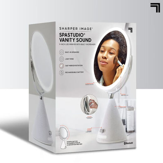 SHARPER IMAGE SPASTUDIO 9-inch double-sided vanity mirror with built-in speaker wireless Bluetooth 360 rotary touch control adjustable LED light white