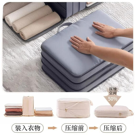 JCZS Japanese down jacket storage bag double-layer zipper compression clothes cotton quilt fabric bag wardrobe home storage bag large dark gray (45*35*22CM) 145*70CM