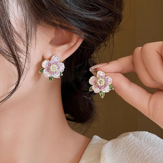 QMXD Yang Mi's same purple camellia earrings for women 2025 new popular unique earrings light luxury high-end earrings purple camellia earrings