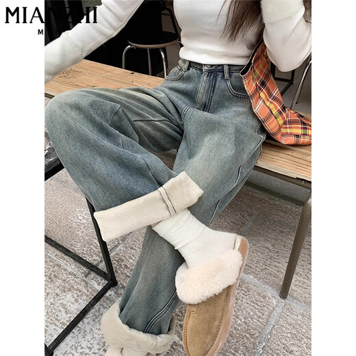 棉致美式加绒加厚复古显瘦牛仔裤女秋冬季宽松高腰垂感直筒休闲裤子女 683复古蓝【不加绒高品质31.5】 M 90-105斤