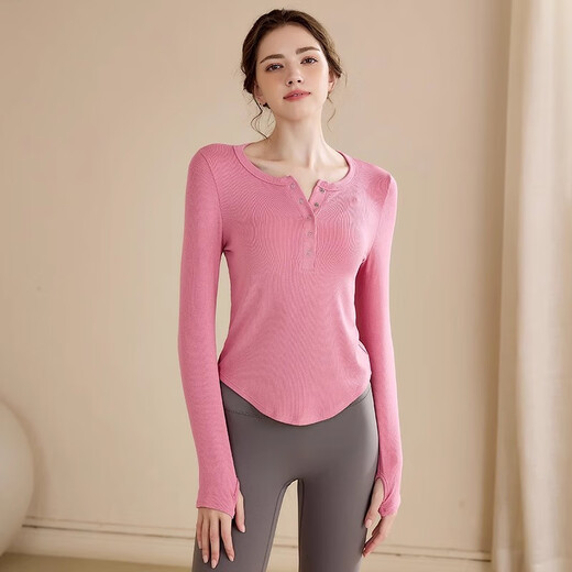 LULU CENTURY Slim Casual Button Yoga Wear Women's Long Sleeve 2025 New Slim Fitness Pilates Sports Top Training Wear Rose Pink L