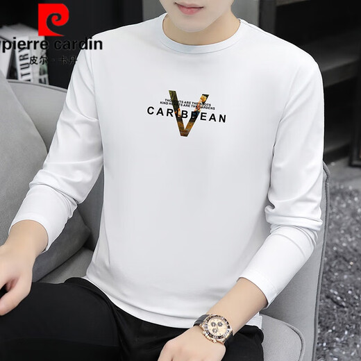 Pierre cardin Modal cotton long-sleeved T-shirt men's 2025 spring and autumn new black trendy printed base shirt underwear top, maroon (15123) XL (suitable for 130-145Jin [Jin equals 0.5 kg])