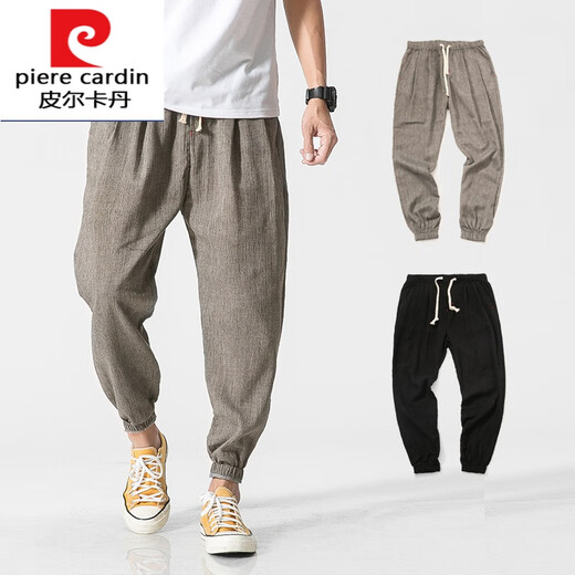Pierre cardin 2025 summer Chinese style retro cotton linen men's casual pants for men's solid color plus fat loose linen small feet knitted gray M