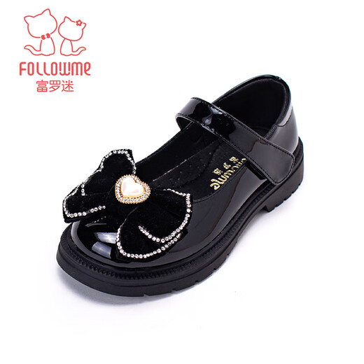 Fuluo Mi Girls' Leather Shoes Spring and Autumn New Rhinestone Bow Black Performance Shoes Soft Sole Princess Shoes Black 35