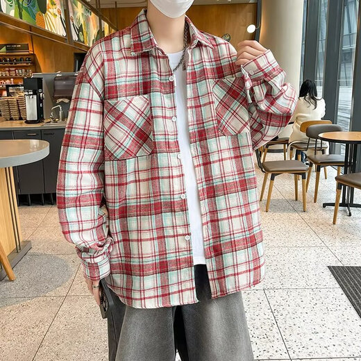 美式长袖衬衫男生春夏季宽松翻领格子衬衣复古潮流休闲百搭外套男 CRYZ687蓝色 M