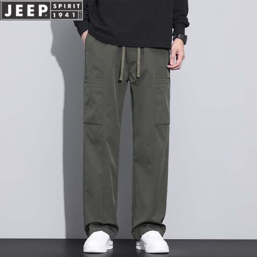 JEEP SPIRIT美式潮牌工装裤子男宽松直筒春秋伞兵裤2025春秋新款运动休闲长裤 9856-军绿色 L 【商家】110~130斤