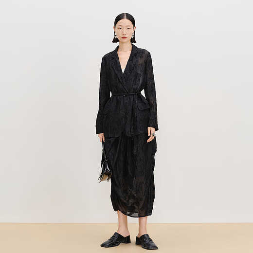 AUM Easy Suit 2025 Spring New Fashion Elegant Jacquard Cut Black Blazer Skirt Black Suit L