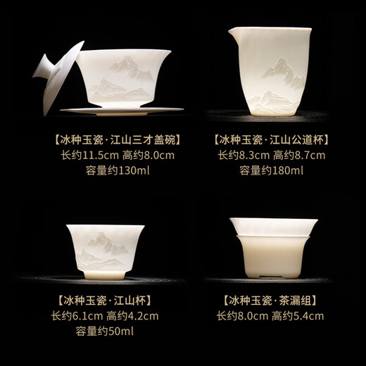 SUSHI CERAMICS mutton-fat jade porcelain ultra-thin body relief mountain and river Sancai Gaiwan Kungfu tea set gift box set
