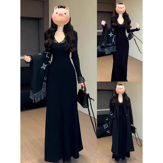 Hao'e early autumn black dress Hepburn style v-neck knitted skirt advanced 2025 with coat inner bottoming hip-covering long skirt V-neck knitted dress black L