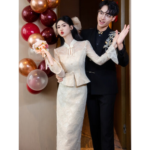 Wutuo Engagement Clothes Women's Winter New Chinese Style Champagne Color Cheongsam Toast Clothes Bride Wedding Dress Dress Long Sleeve Champagne Color 3263 L