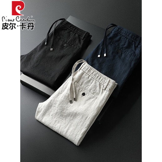 Pierre Cardin Summer Leinen neue Baumwolle und Leinen lässige Hosen Männer Lose Hosen Männer gerade Aprikosen elastische Taillenhose Marine Blue XL