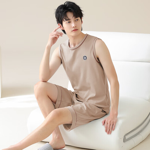 睡衣男夏季纯棉无袖背心夏天青少年大码男士薄款休闲家居服套装 YDY13658 3XL 码（推荐160-180斤）