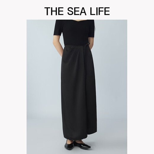 THE SEA LIFE半裙女欧海一生 冰丝半身裙2025春开衩松紧腰黑色长裙XC15265 黑法师 S