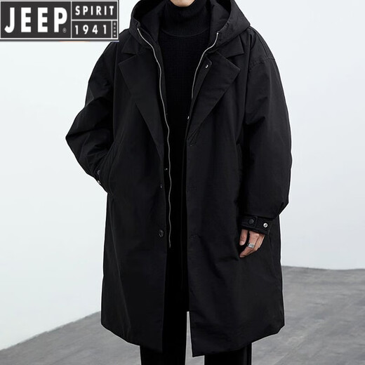 JEEP SPIRIT Jeep 2025 Autumn and Winter New Men's Korean Coat Men's Jacket Fake Two-piece Hooded Mid-Length Windbreaker Parka Black Thin 140-155Jin Jin equals 0.5 kg XL