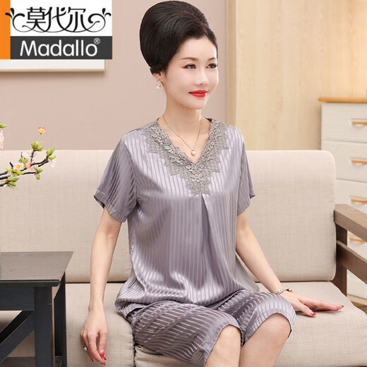 Pajama de seda de hielo modal para mujeres en la madre de verano Los pantalones de cinco puntos de manga corta se adaptan a la ropa para el hogar de gran tamaño de mediana edad y ancianos, seda simulada 826 XL recomendado 120-140Jin [Jin iguala 0.5 kg]