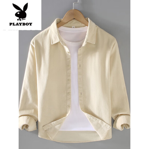 花花公子（PLAYBOY）春季灯芯绒衬衫男长袖感商务休闲宽松棉工装棉衬衣外套潮新品 卡其色【9715方领有口袋】 M 【105-125斤】