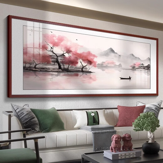 Linyu living room hanging painting landscape landscape painting new Chinese style sofa background wall decoration painting tea room office mural ink water flow to make money - B style 120*50cm teak color solid wood frame glossy crystal porcelain style