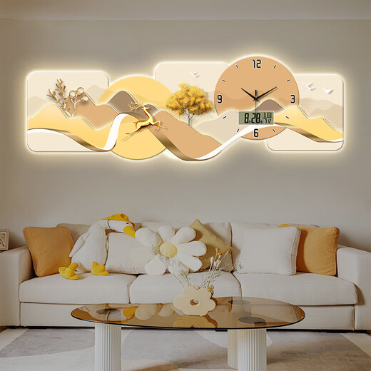 小小画钟福鹿万年历电子钟表挂钟客厅装饰画LED带灯餐厅沙发背景挂墙时钟 BG6623 LED灯画（插电款+遥控器） 47英寸 【120*40cm】