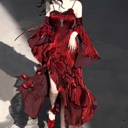Flashing Girl (SHANDONGSHAONV) Lolita lolita Spring and Autumn Red Rose Dress Mermaid Skirt Elegant Goddess Royal Sister Ceremony Dress Birthday Skirt Mermaid Skirt S