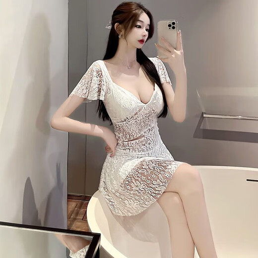 欲动夜店性感连衣裙微胖夜场技师女装短袖款足浴低胸V领修身收腰裙子 气质白 L 110~120斤