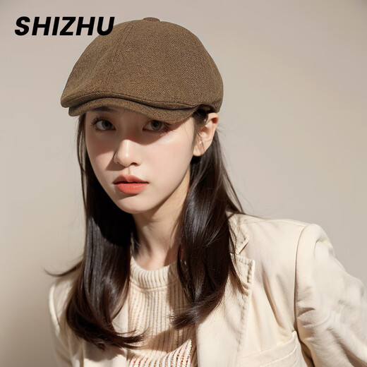 Shizhu Hat Women's Autumn and Winter Beret 2025 New Face Revealing Small Reverse Wearing Forward Hat Duck Tongue Retro Hat Newsboy Hat Brown Double-layered Brim High Quality