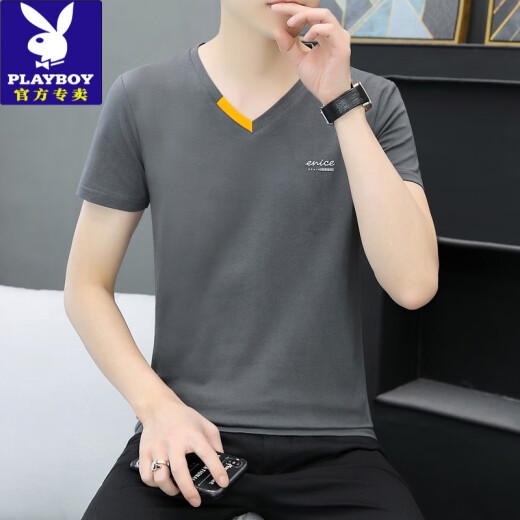 花花公子（PLAYBOY）夏季新款男士纯棉V领半袖T恤潮流休闲小字母印花鸡心领短袖体恤衫 691 白色 L 100-120斤