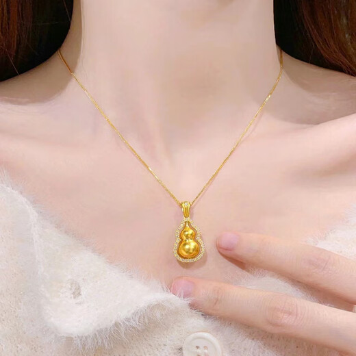 Junbu gold necklace 18K women's ancient gold Chopin chain 3D hard gold double-sided Fulu turning point diamond gourd pendant 2024 hot style gourd + Chopin chain