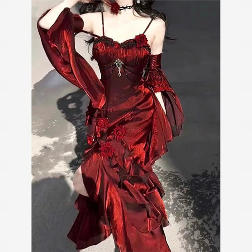 Flashing Girl (SHANDONGSHAONV) Lolita lolita Spring and Autumn Red Rose Dress Mermaid Skirt Elegant Goddess Royal Sister Ceremony Dress Birthday Skirt Mermaid Skirt S