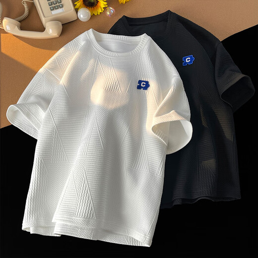 Dingfengbaoluo Hong Kong Style T-shirt à manches courtes pour hommes en été lâche lettre respirante broderie de style lazy top jc102 blanc xl