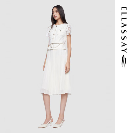 歌力思（ELLASSAY）2025夏季新款棉舒适异质拼接气质简约系蕾丝连衣裙女EWD362Y12200 纯净白 S
