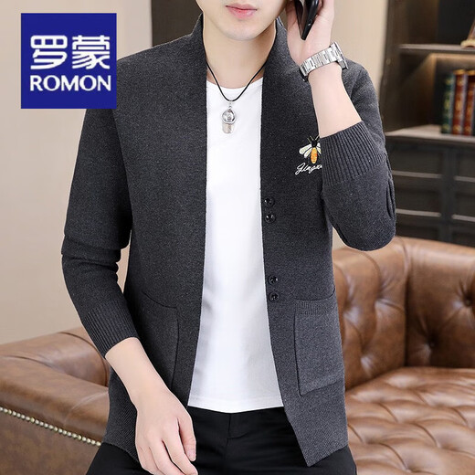 ROMON (ROMON) bee embroidered knitted cardigan for men's spring and autumn youth fashion trendy brand slim sweater jacket outer top K16818 dark gray M