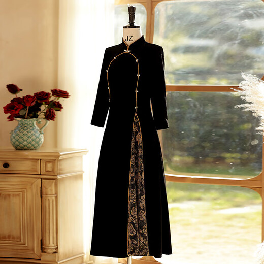
Slimming mother dressed in gold velvet Odai improved cheongsam 2025 new women's retro long-sleeved daily dress autumn and winter Z1048 burgundy 3XL
