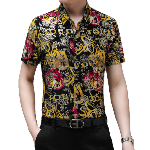 花花公子（PLAYBOY）夏季短袖花衬衫中年男士大码烫金龙虎图纹印花衬衣 829黑色 M 165【体重100--120】