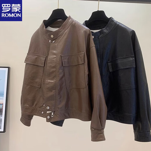 Luo Meng Fashion Motorcycle PU Leather Jacket Women's 2025 Autumn New Retro Design Top Versatile Short Leather Jacket Coat Brown M Recommendation 100-110Jin Jin is equal to 0.5 kg