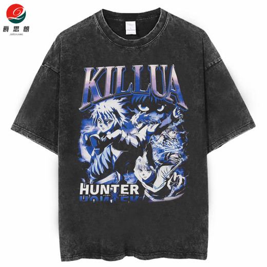 Jueslang animation full-time hunter hunter x hunter retro old summer cotton washing short-sleeved T-shirt for men and women washing black B1278 XL