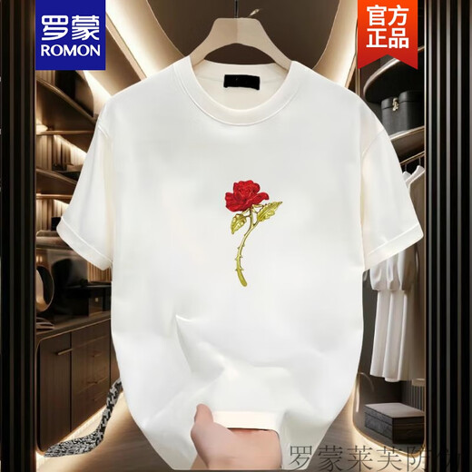 罗蒙（ROMON）短袖T恤男女情侣装潮牌圆领印花体恤纯棉简约宽松百搭半袖上衣夏 黑色【前大图K1049 单朵红玫瑰花 S 建议90-100斤