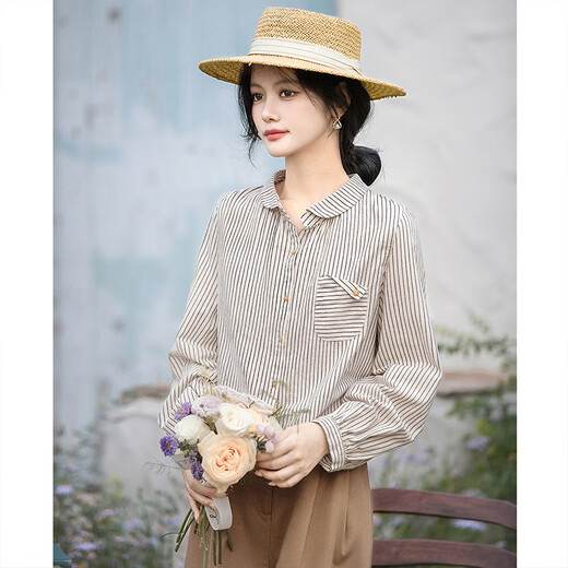 
Cypress House Single Breast Shirt 2025 Autumn New Women's Lapel Loose Striped Casual Shirt