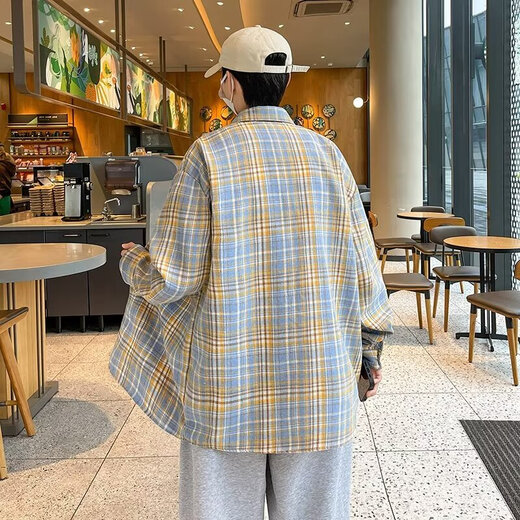 美式长袖衬衫男生春夏季宽松翻领格子衬衣复古潮流休闲百搭外套男 CRYZ687蓝色 M