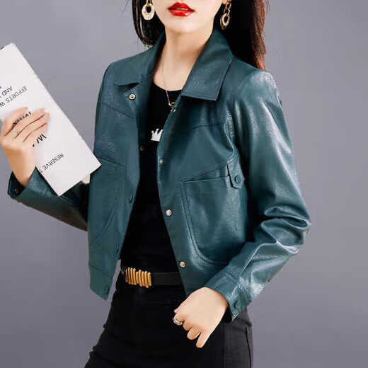啄木鸟高档2025春秋新款皮衣外套女短款显瘦洋气pu皮夹克时尚高级感女士 绿色 3XL 140-160斤