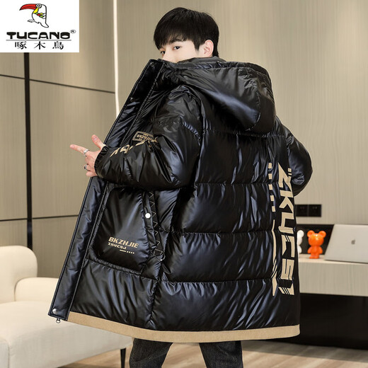Woodpecker (TUCANO) mid-length shiny cotton coat for men 2025 new winter down jacket thickened jacket trendy overcoat black L recommended 100-120 Jin Jin equals 0.5 kg