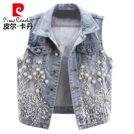 皮尔卡丹（pierre cardin）高档纯棉牛仔马甲背心女短款春秋新款百搭破洞外穿马夹坎肩上衣潮 浅蓝色 3291 S 80-95斤